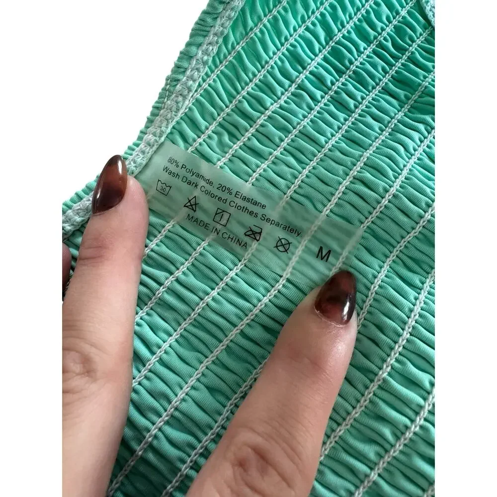 SHEIN Mint Green Smocked Bandeau Bikini Set Size Medium High Cut Ruched Swim